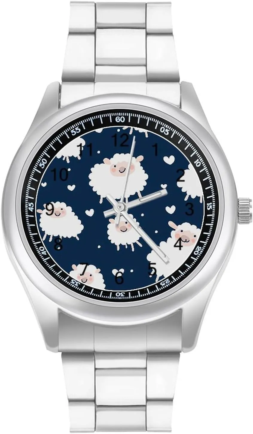 Cute Sheep Pattern Stainless Steel Strap Simple Business Watches for Men Easy Reader Work Casual Watch