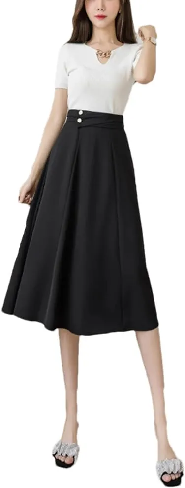 Dbdkejj Women Folds Waist Pleated Skirts Loose Stitching A-Line Skirts Midi Skirts