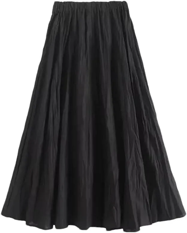 DBFBDTU Women Pleated Skirt Elastic Waist Casual Loose Skirts Solid High Waist Midi Skirts