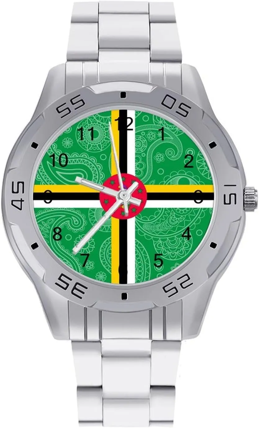 Dominica Paisley Flag Stainless Steel Metal Strap Simple Business Watches for Men Easy Reader Work Casual Watch