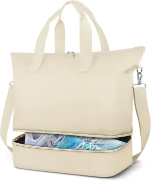 Duffel Bag for Women Men,Carry-On Weekender Overnight Bag with Shoe Compartment for Travel,Personal Item Gym Sports (Beige)