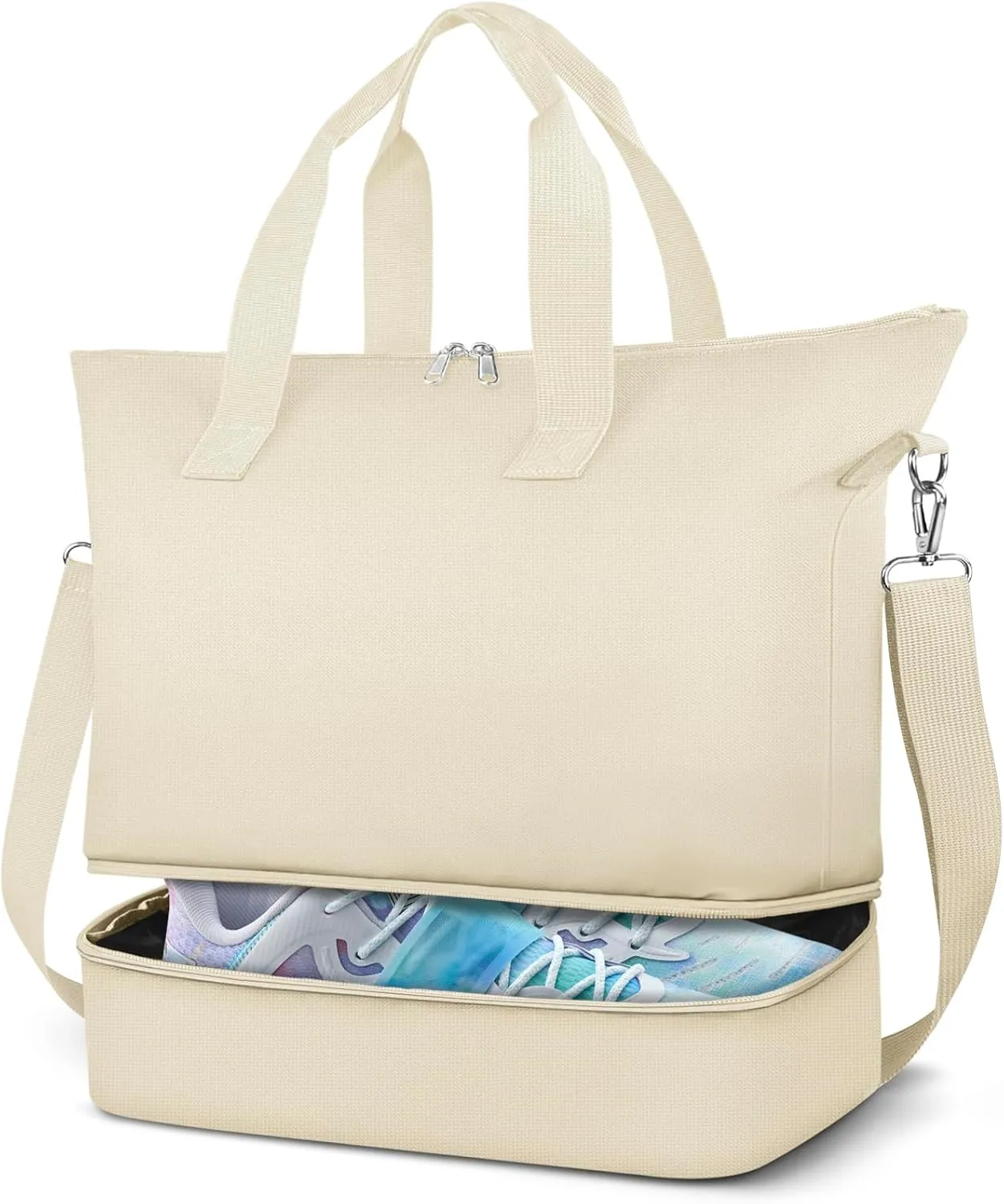 Duffel Bag for Women Men,Carry-On Weekender Overnight Bag with Shoe Compartment for Travel,Personal Item Gym Sports (Beige)