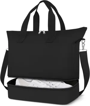 Duffel Bag for Women Men,Carry-On Weekender Overnight Bag with Shoe Compartment for Travel,Personal Item Gym Sports (Black)