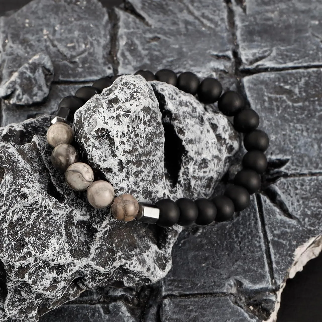 Eigso 3-6 Pcs Black Hematite Beads Bracelets for Men Women Unisex Matte Glass Beaded Cross Pendant Bracelet Set with Map Stone Beads