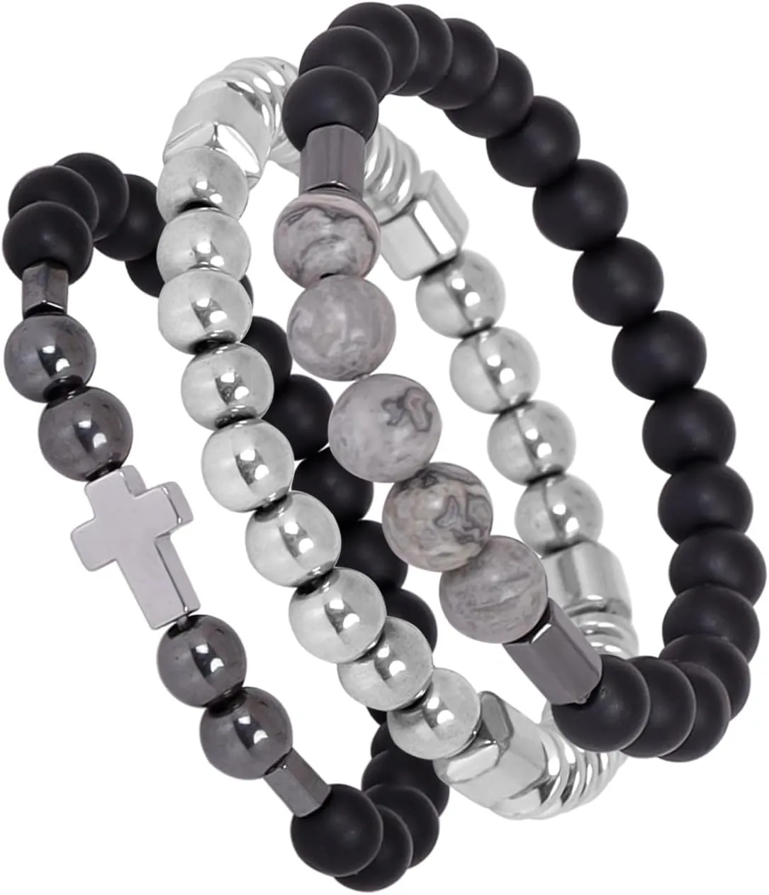 Eigso 3-6 Pcs Black Hematite Beads Bracelets for Men Women Unisex Matte Glass Beaded Cross Pendant Bracelet Set with Map Stone Beads