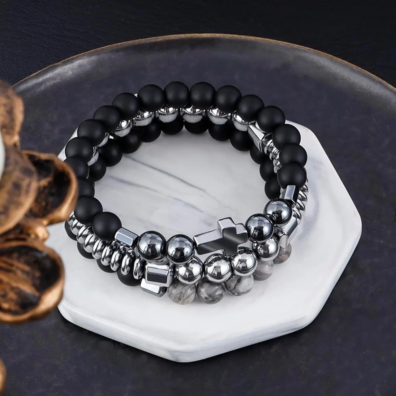 Eigso 3-6 Pcs Black Hematite Beads Bracelets for Men Women Unisex Matte Glass Beaded Cross Pendant Bracelet Set with Map Stone Beads
