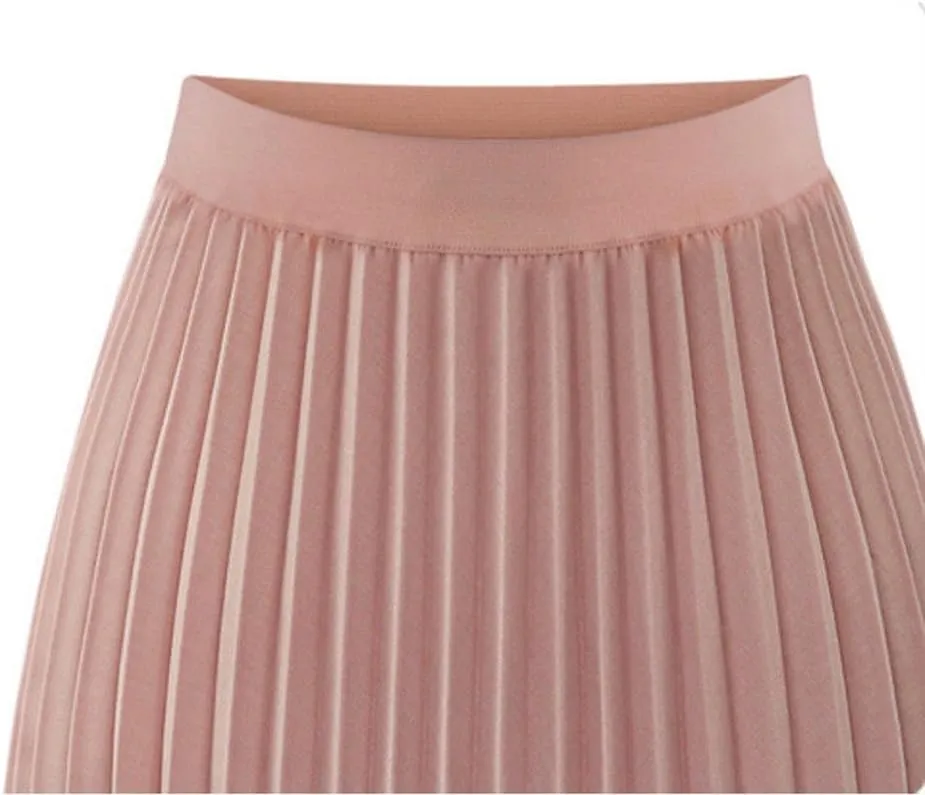Elegant Solid Midi Skirt Waist Elastic Pleated Womens Maxi Skirt Trendy Elegant Skirt