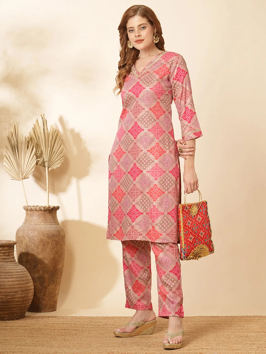 Ethnic Bandhani Foil Printed Straight Fit Co-ord Set - Multi