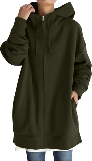 fartey Zip Up Hoodie Women Oversized Loose Baggy Long Sweatshirts Casual Drawstring Long Sleeve Y2K Jackets With Pockets
