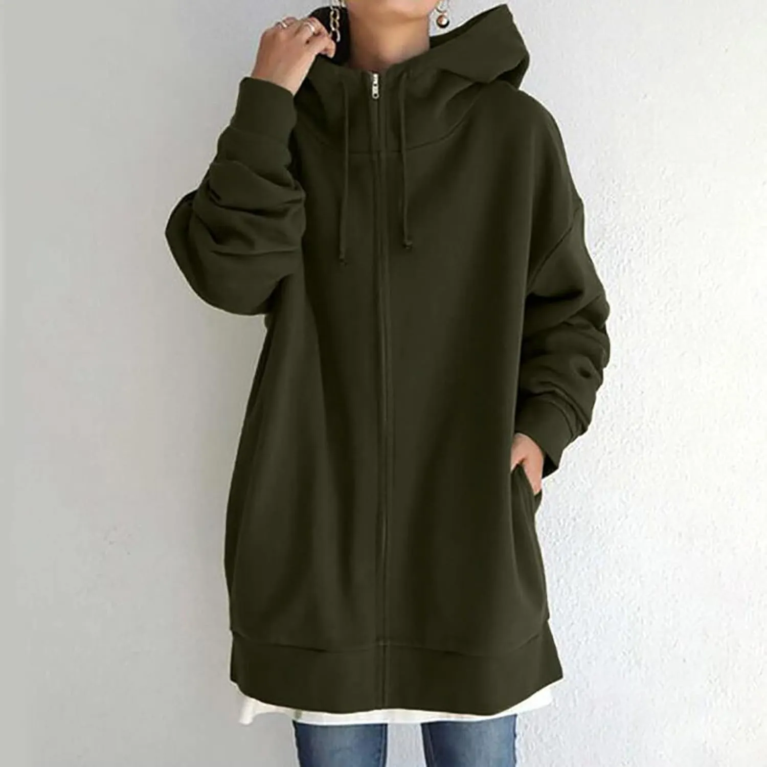 fartey Zip Up Hoodie Women Oversized Loose Baggy Long Sweatshirts Casual Drawstring Long Sleeve Y2K Jackets With Pockets