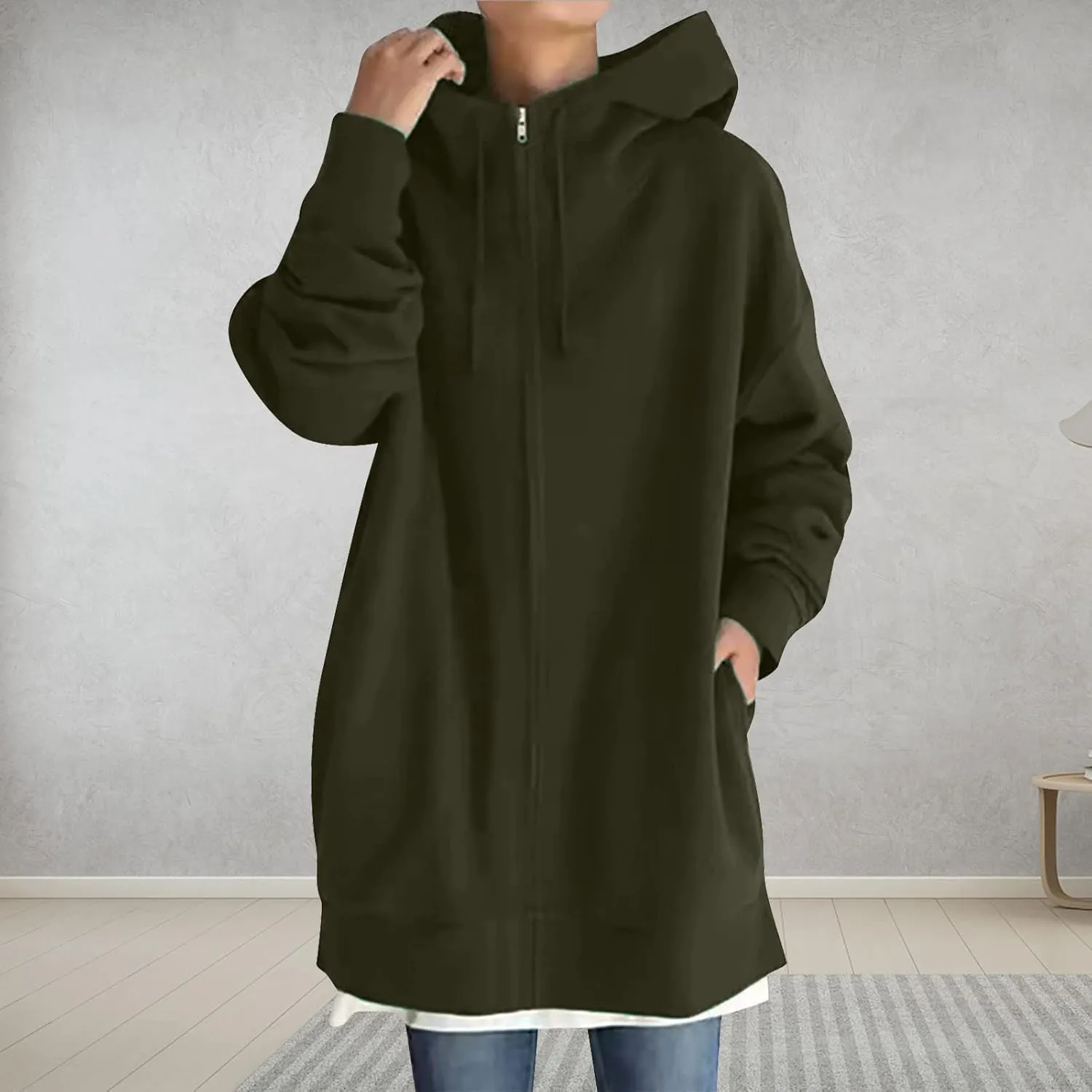 fartey Zip Up Hoodie Women Oversized Loose Baggy Long Sweatshirts Casual Drawstring Long Sleeve Y2K Jackets With Pockets