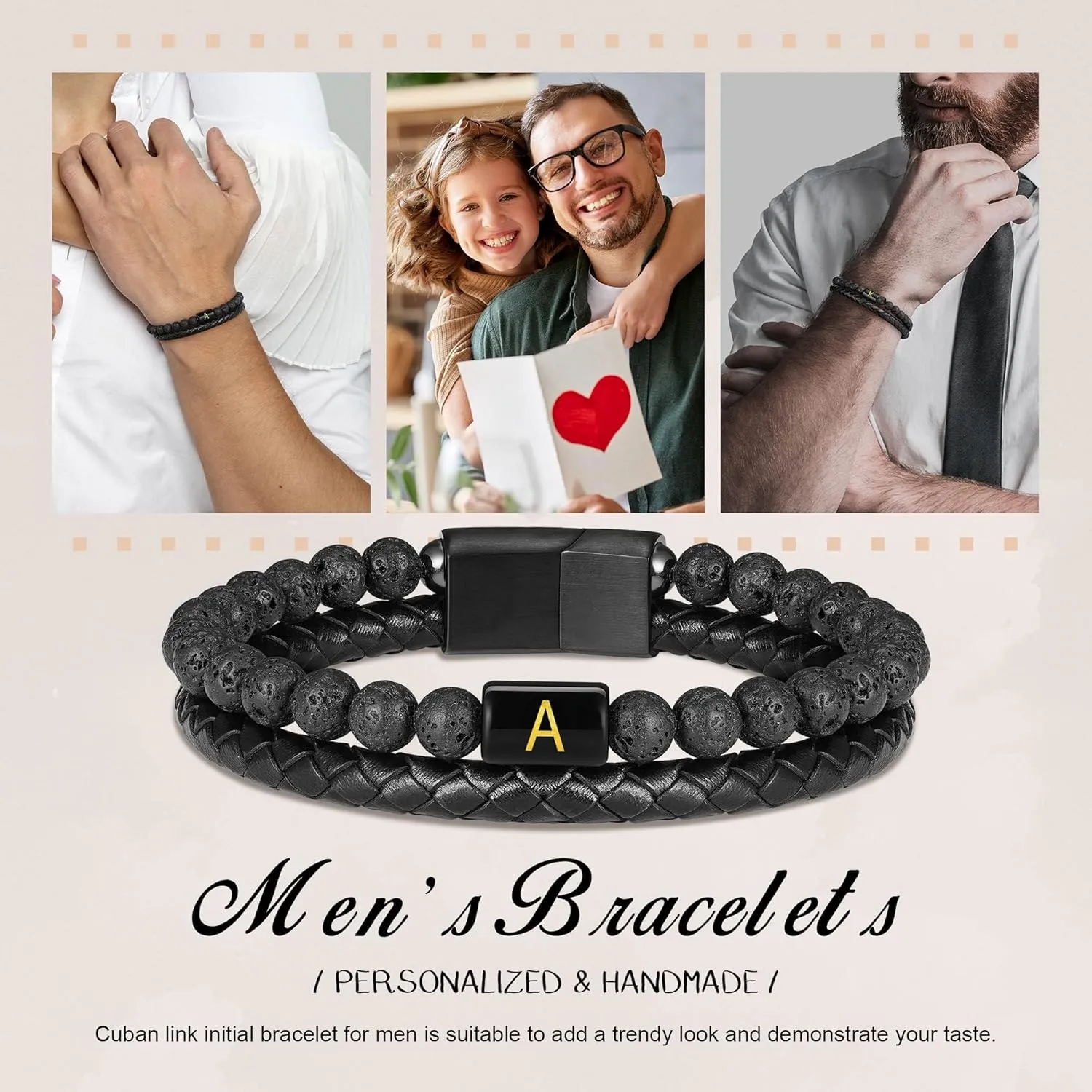 Father's Gifts for Dad Husband Mens Bracelet - Premium Genuine Leather Natural Lava Rock Matte Agate Adjustable Stainless Steel Magnetic Clasp Initial Bracelet, Unique Gifts for Men Husband Dad Son