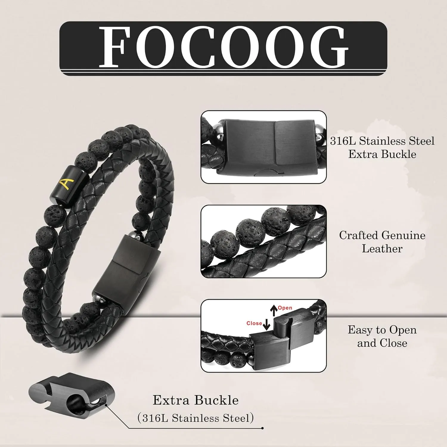 Father's Gifts for Dad Husband Mens Bracelet - Premium Genuine Leather Natural Lava Rock Matte Agate Adjustable Stainless Steel Magnetic Clasp Initial Bracelet, Unique Gifts for Men Husband Dad Son