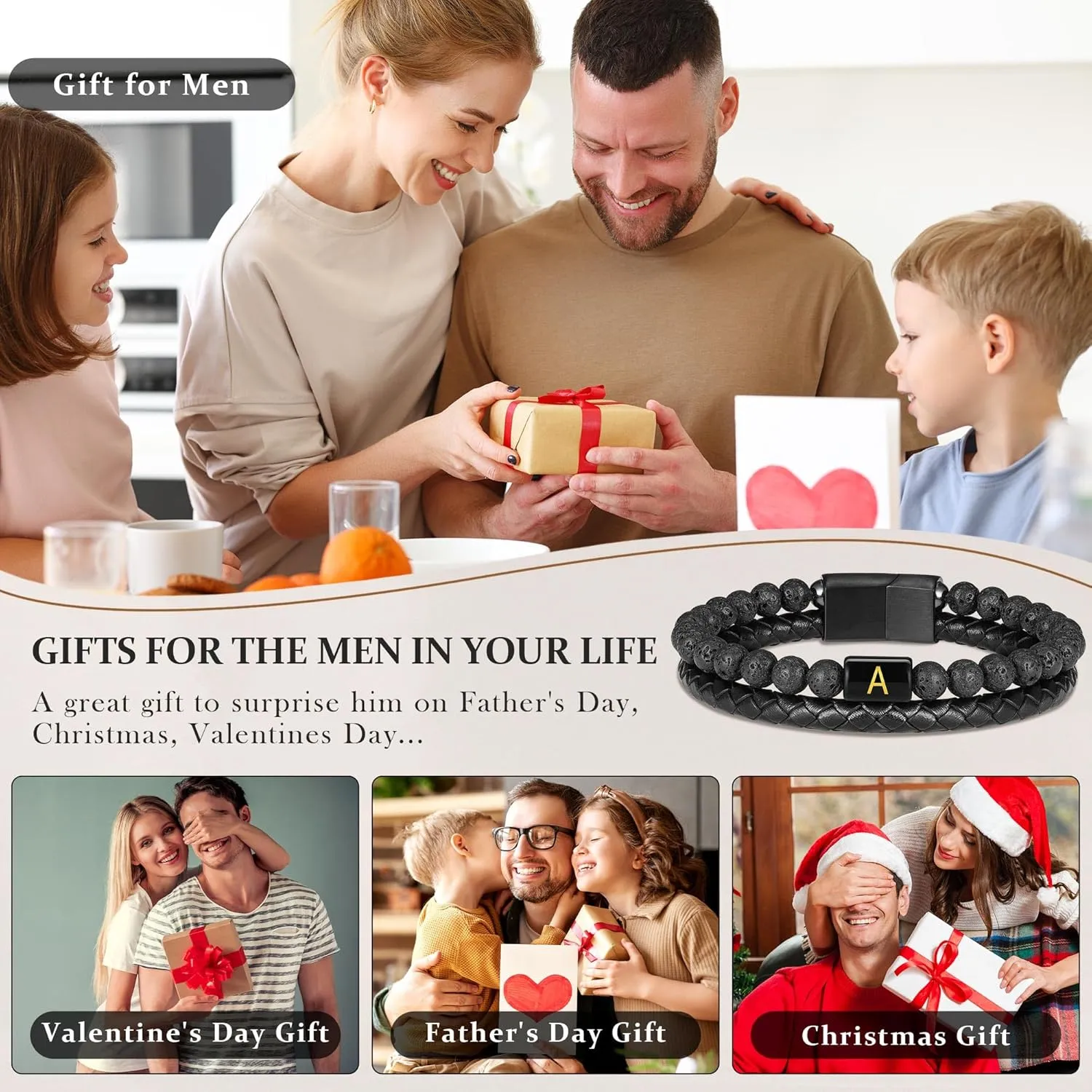 Father's Gifts for Dad Husband Mens Bracelet - Premium Genuine Leather Natural Lava Rock Matte Agate Adjustable Stainless Steel Magnetic Clasp Initial Bracelet, Unique Gifts for Men Husband Dad Son
