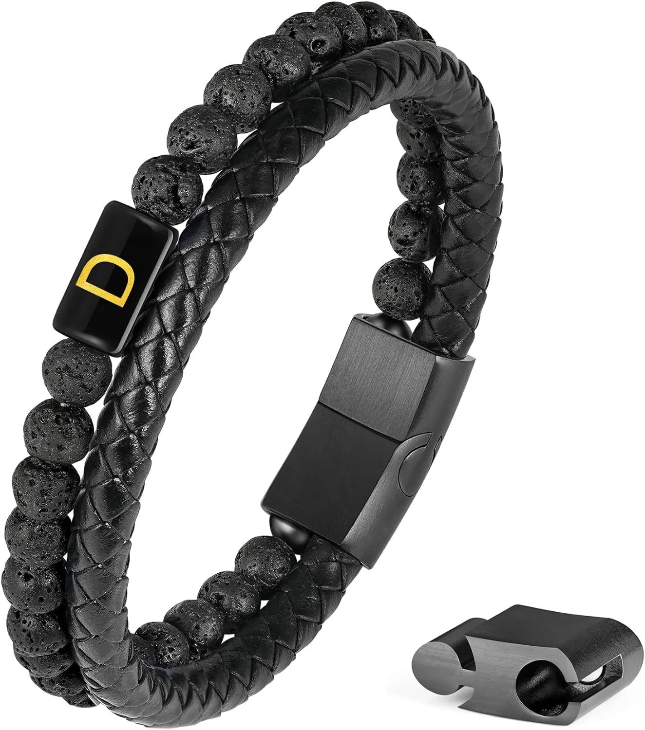 Father's Gifts for Dad Husband Mens Bracelet - Premium Genuine Leather Natural Lava Rock Matte Agate Adjustable Stainless Steel Magnetic Clasp Initial Bracelet, Unique Gifts for Men Husband Dad Son