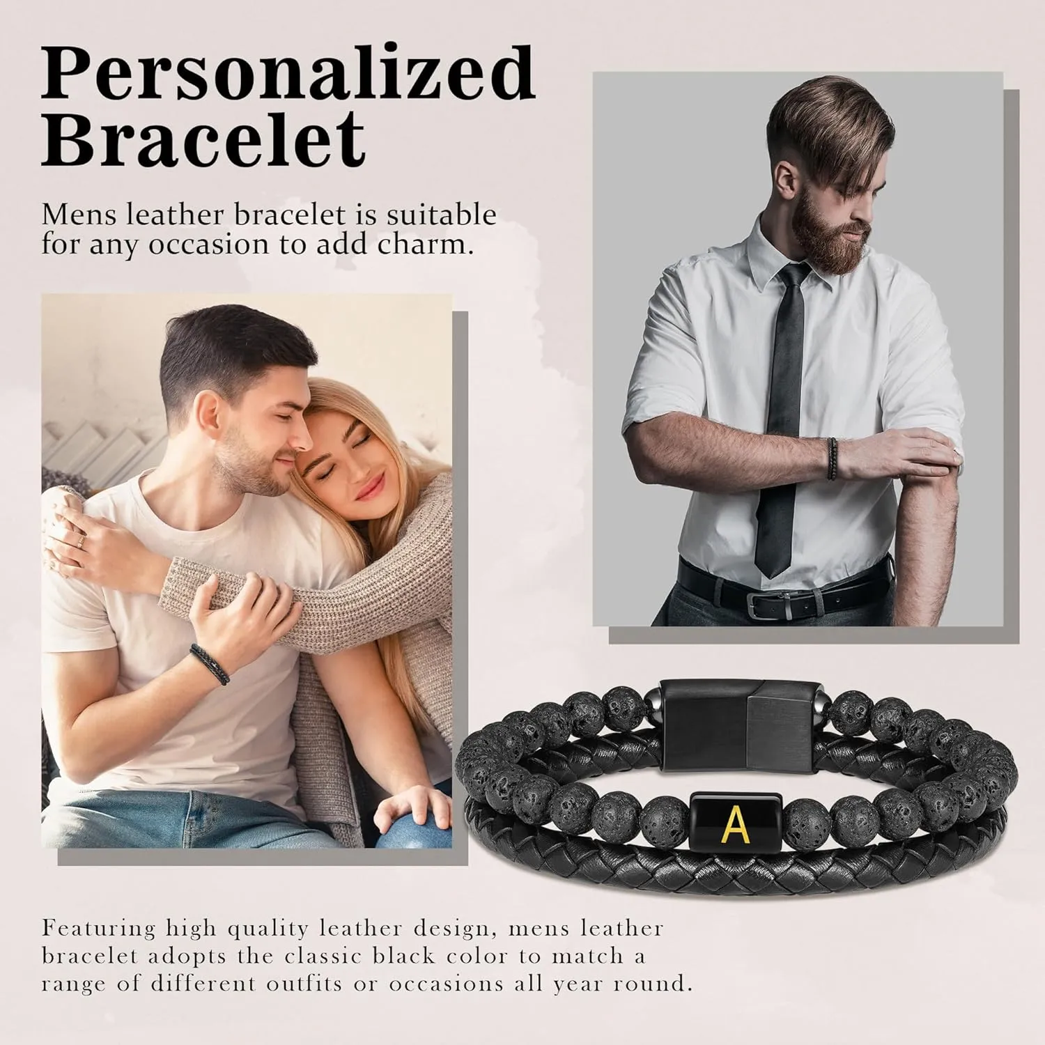 Father's Gifts for Dad Husband Mens Bracelet - Premium Genuine Leather Natural Lava Rock Matte Agate Adjustable Stainless Steel Magnetic Clasp Initial Bracelet, Unique Gifts for Men Husband Dad Son