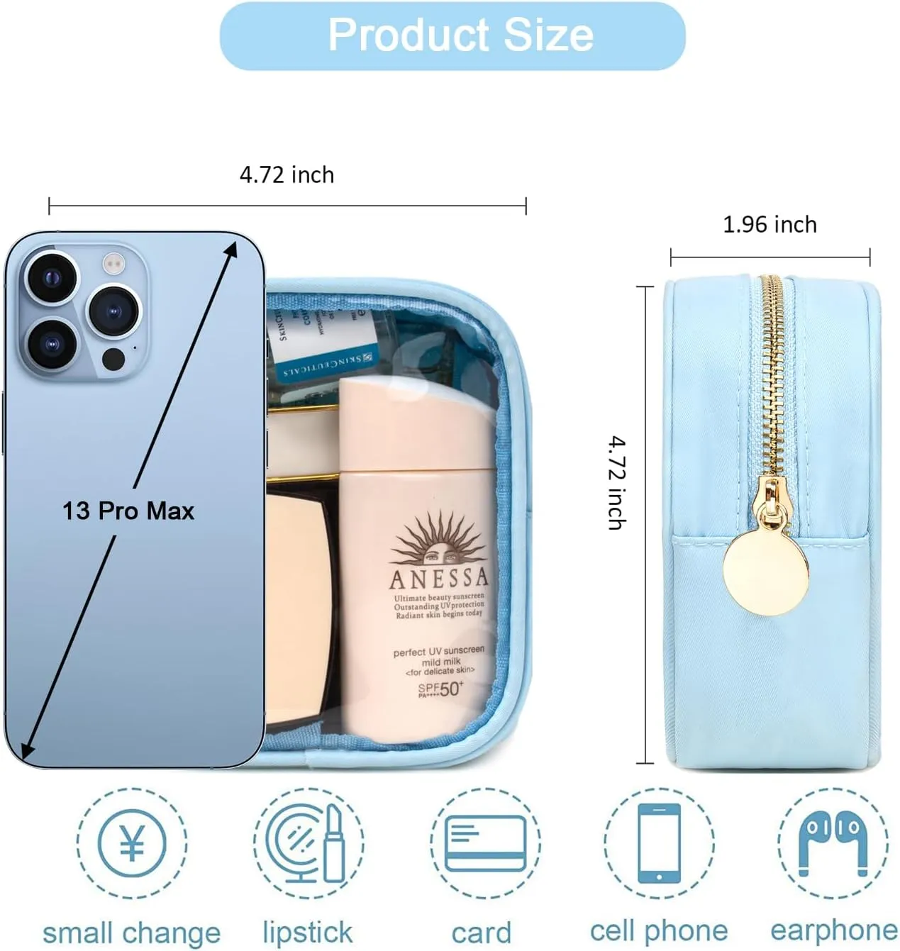 FFaw Small Clear Makeup Bag, Nylon Mini Cosmetic Bag Small Makeup Bag for Purse TSA Approved Travel Toiletry Bags with Zipper Cute Makeup Bag Organizer Car Organizer Bag for Women Girls (Blue Mini)