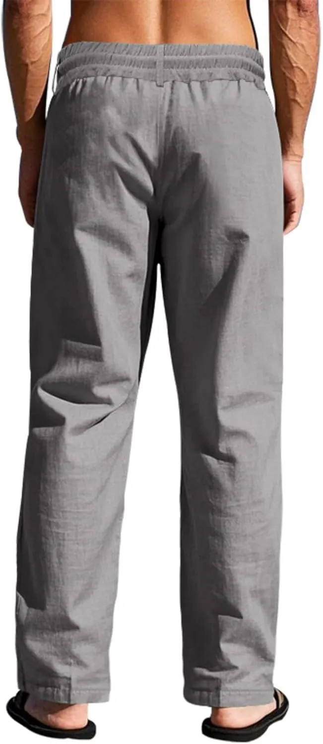 Finelylove Mens Linen Pants Elastic Waist Drawstring Lightweight Casual Pants Relaxed Fit Summer Beach Lounge Travel Trousers