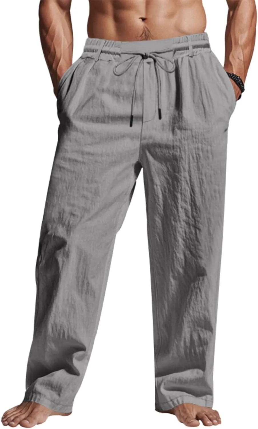 Finelylove Mens Linen Pants Elastic Waist Drawstring Lightweight Casual Pants Relaxed Fit Summer Beach Lounge Travel Trousers
