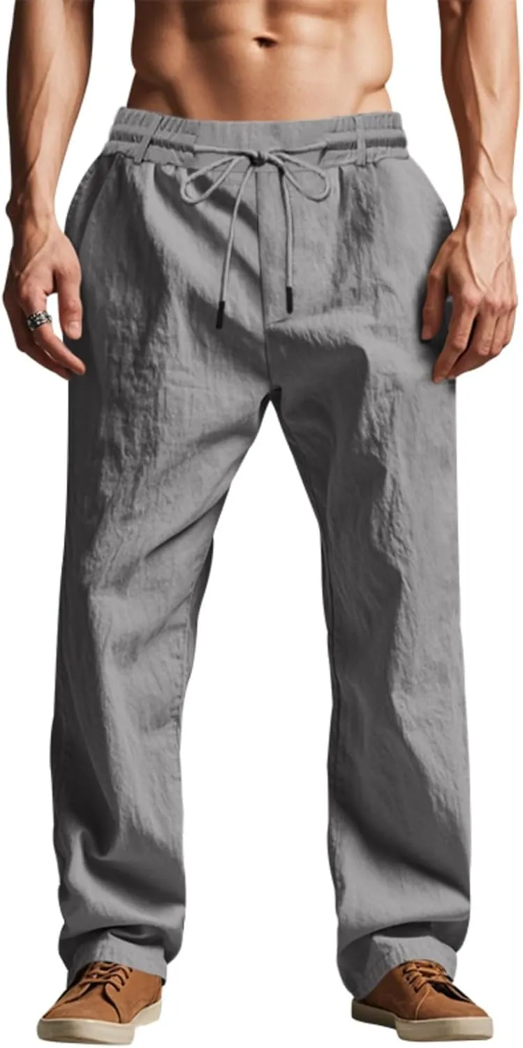 Finelylove Mens Linen Pants Elastic Waist Drawstring Lightweight Casual Pants Relaxed Fit Summer Beach Lounge Travel Trousers