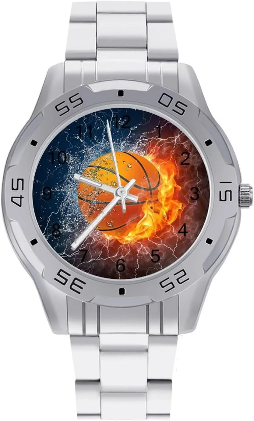 Fire and Ice Basketball Stainless Steel Metal Strap Simple Business Watches for Men Easy Reader Work Casual Watch