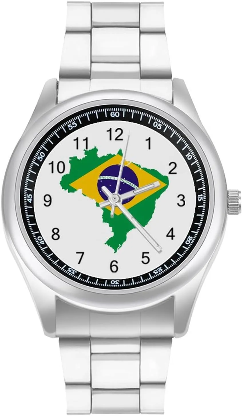 Flag Map of Brazil Stainless Steel Strap Simple Business Watches for Men Easy Reader Work Casual Watch