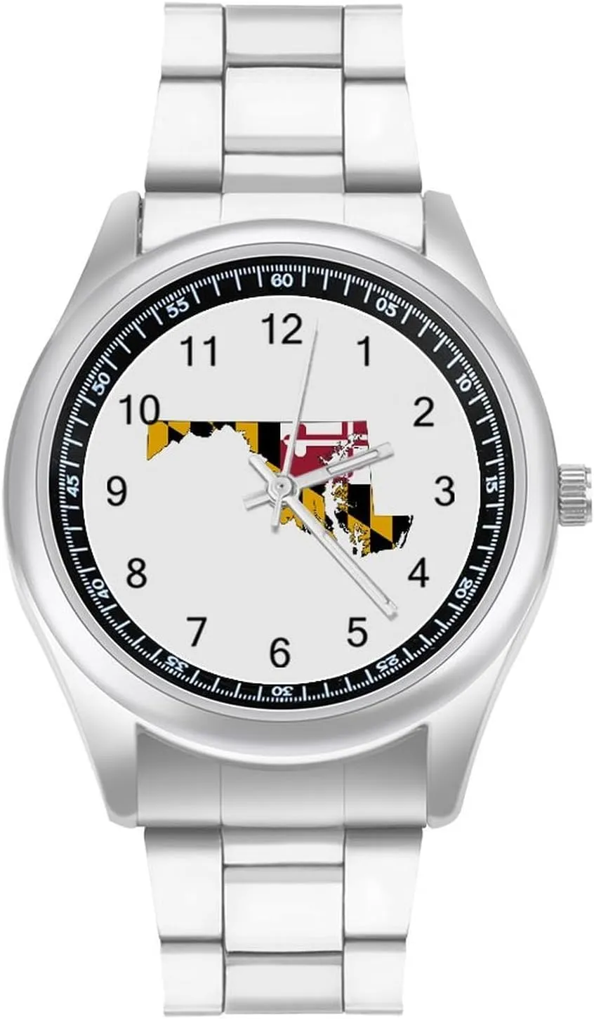 Flag Map of Maryland Stainless Steel Strap Simple Business Watches for Men Easy Reader Work Casual Watch