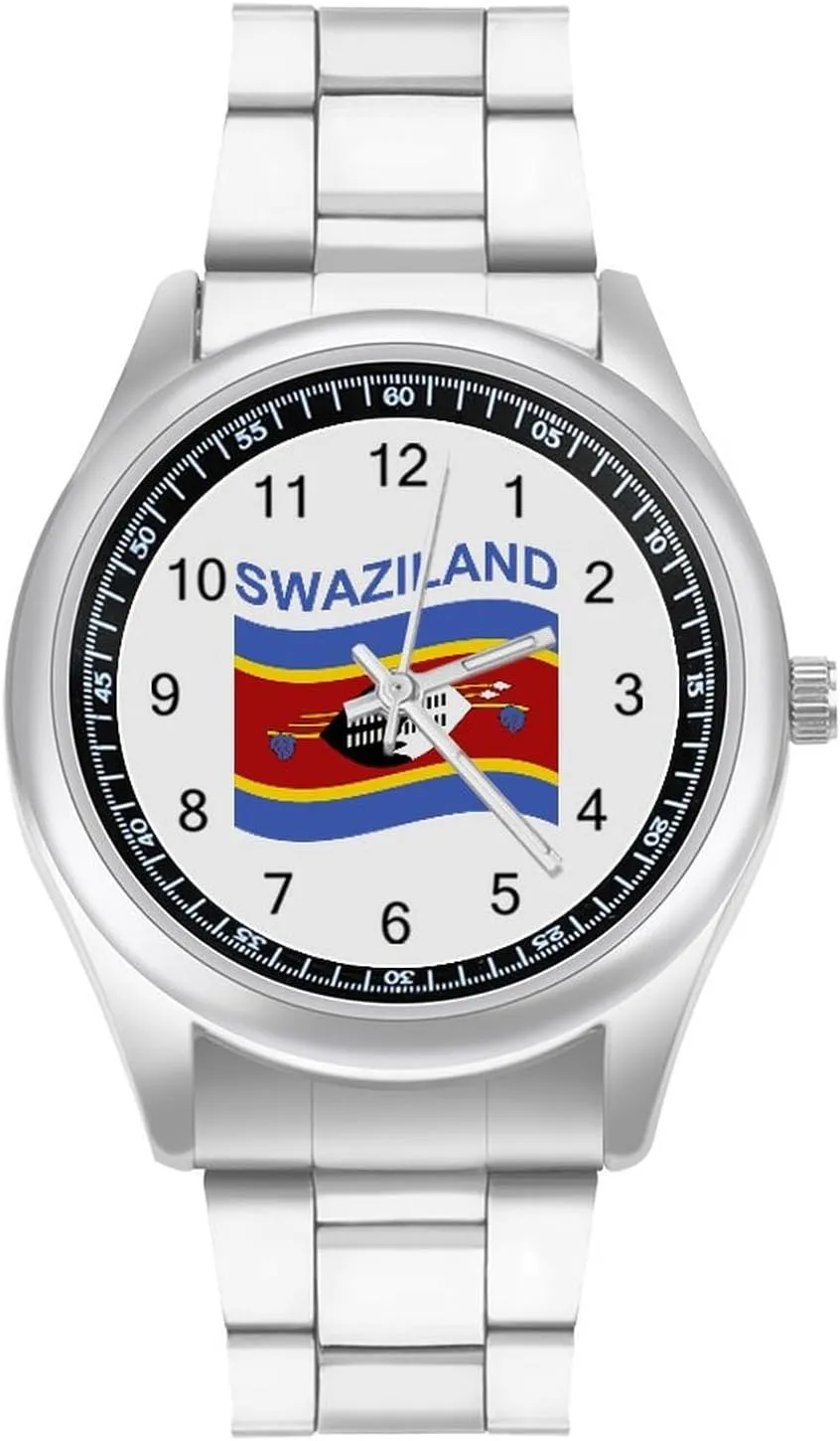 Flag of Swaziland Stainless Steel Strap Simple Business Watches for Men Easy Reader Work Casual Watch