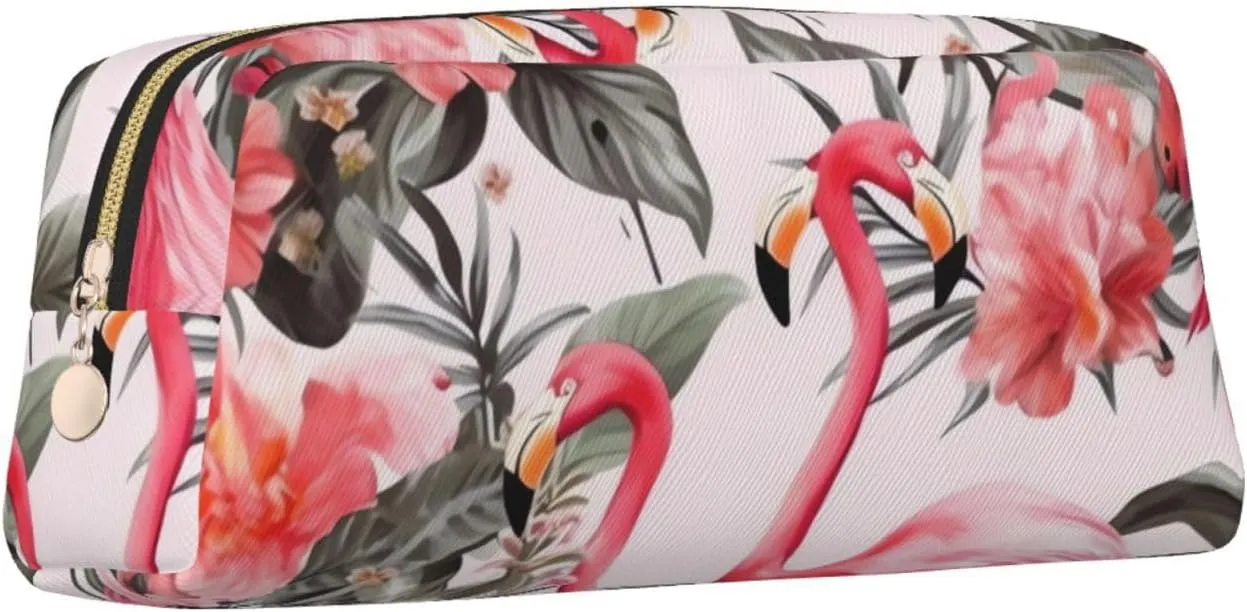 Flamingo Floral Printed Makeup Bag for Women Men Pencil Pouch Travel Small Cosmetic Bag Zippered Toiletry Bags Aesthetic Pen Bags Trendy Storage Bags Leather Coin Pouch Purse