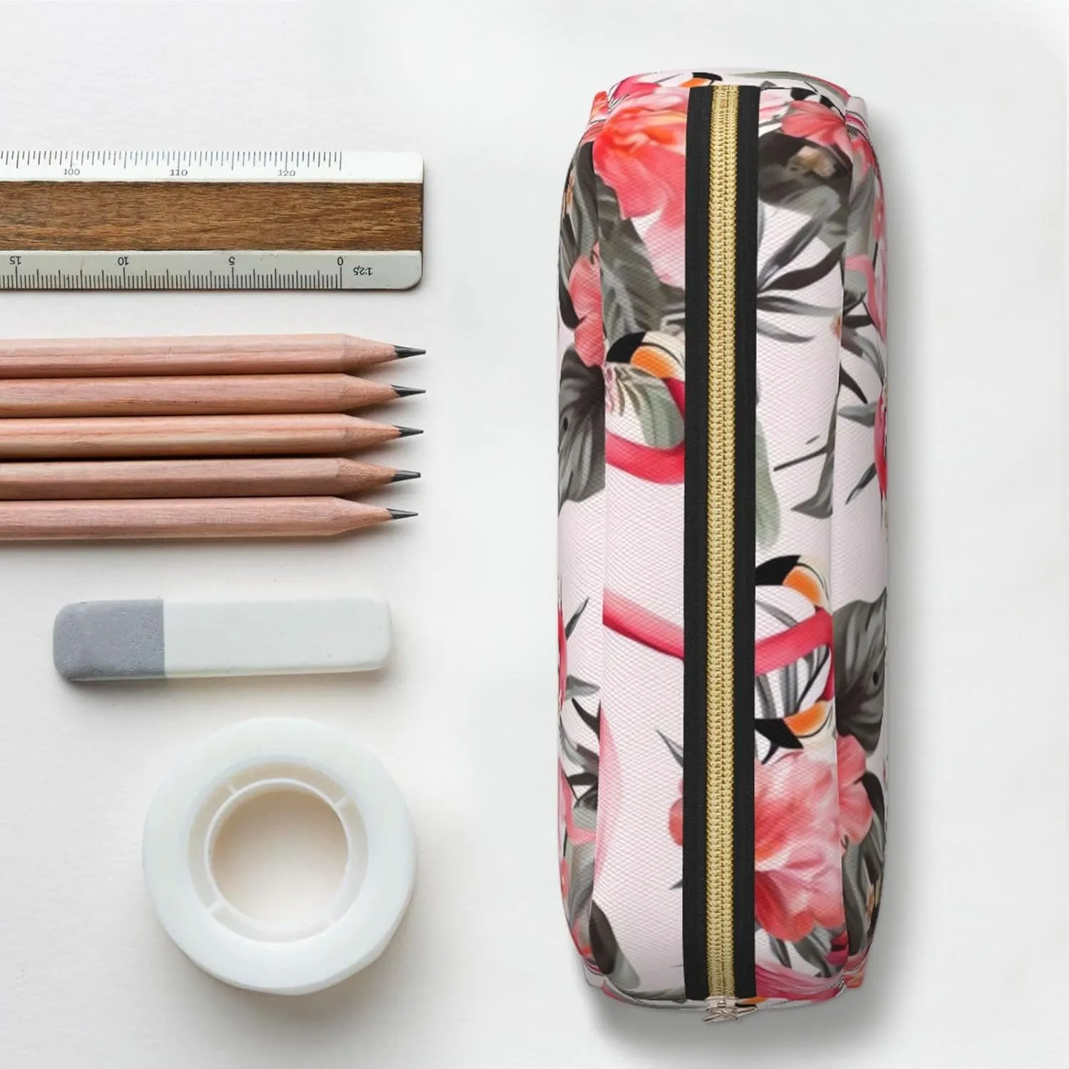 Flamingo Floral Printed Makeup Bag for Women Men Pencil Pouch Travel Small Cosmetic Bag Zippered Toiletry Bags Aesthetic Pen Bags Trendy Storage Bags Leather Coin Pouch Purse