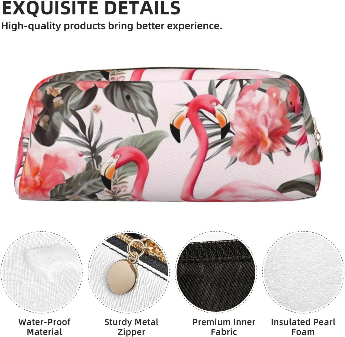 Flamingo Floral Printed Makeup Bag for Women Men Pencil Pouch Travel Small Cosmetic Bag Zippered Toiletry Bags Aesthetic Pen Bags Trendy Storage Bags Leather Coin Pouch Purse