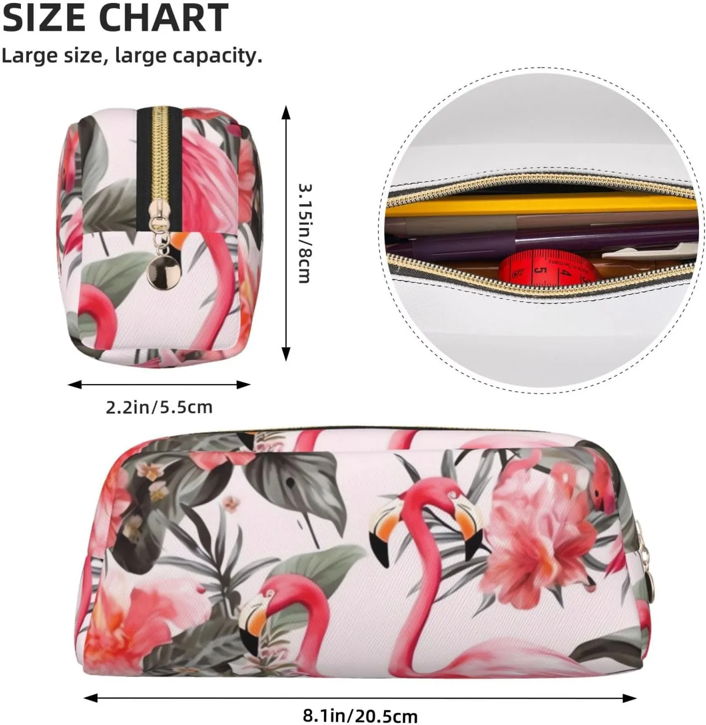 Flamingo Floral Printed Makeup Bag for Women Men Pencil Pouch Travel Small Cosmetic Bag Zippered Toiletry Bags Aesthetic Pen Bags Trendy Storage Bags Leather Coin Pouch Purse