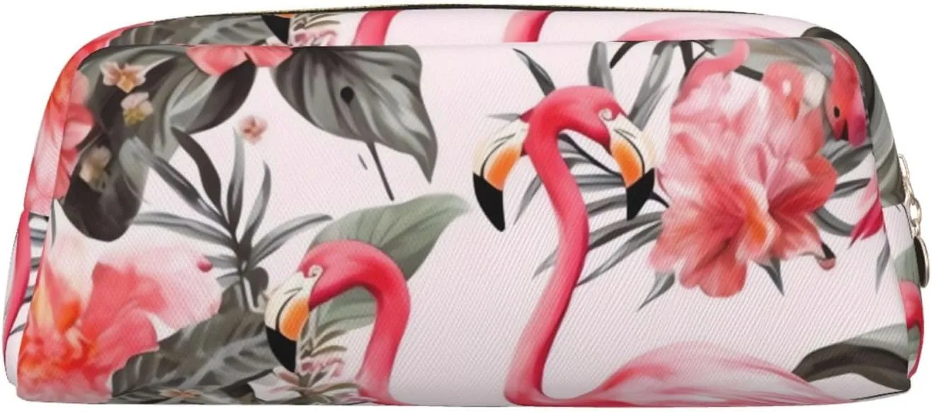 Flamingo Floral Printed Makeup Bag for Women Men Pencil Pouch Travel Small Cosmetic Bag Zippered Toiletry Bags Aesthetic Pen Bags Trendy Storage Bags Leather Coin Pouch Purse
