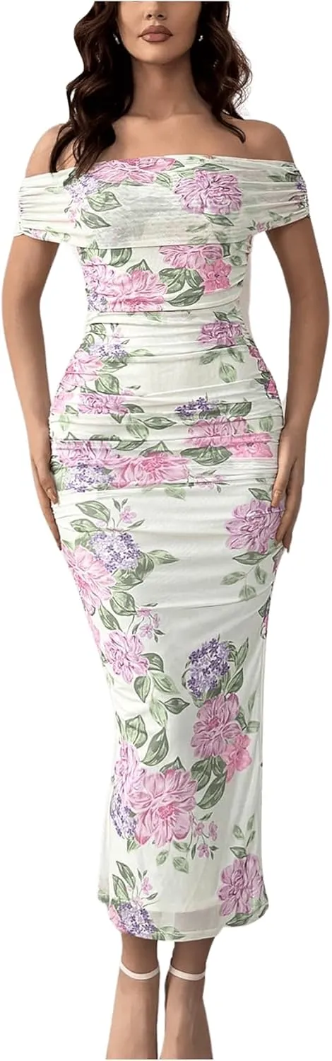 Floerns Women's Floral Print Off Shoulder Short Sleeve Ruched Bodycon Long Dress