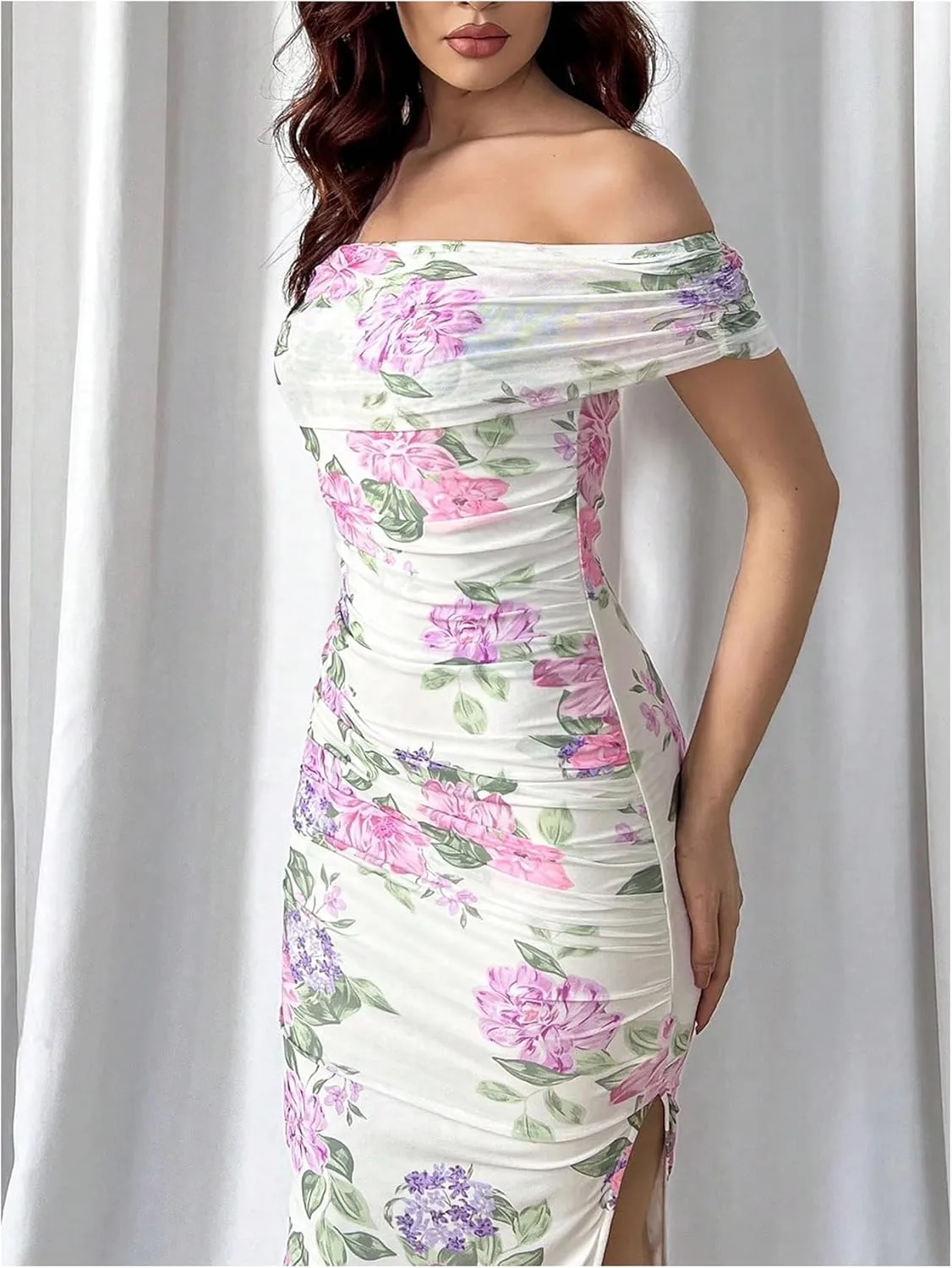 Floerns Women's Floral Print Off Shoulder Short Sleeve Ruched Bodycon Long Dress