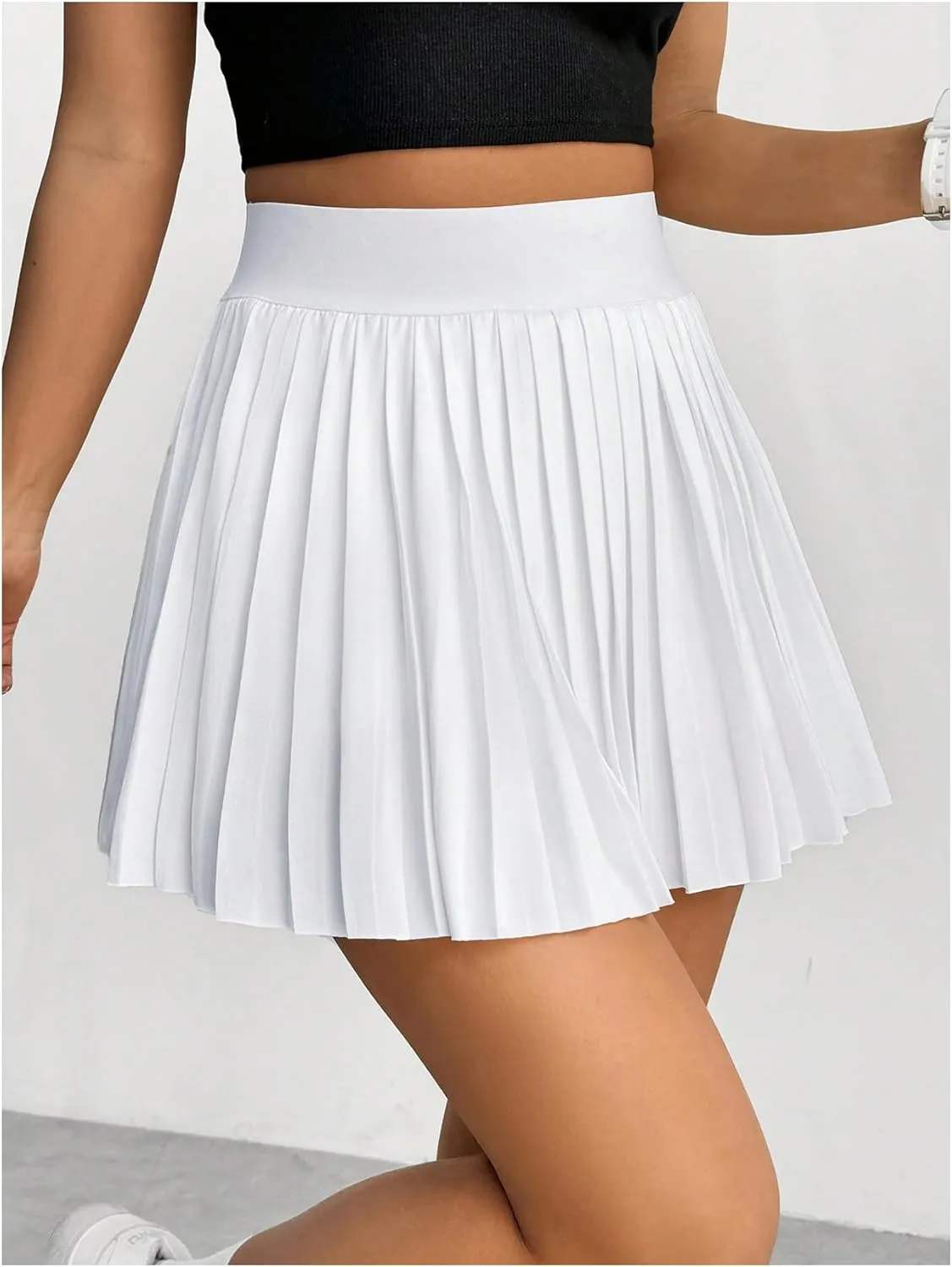 Floerns Women's Solid Elastic Waist Tennis Skirts Pleated Hem Short Skirts