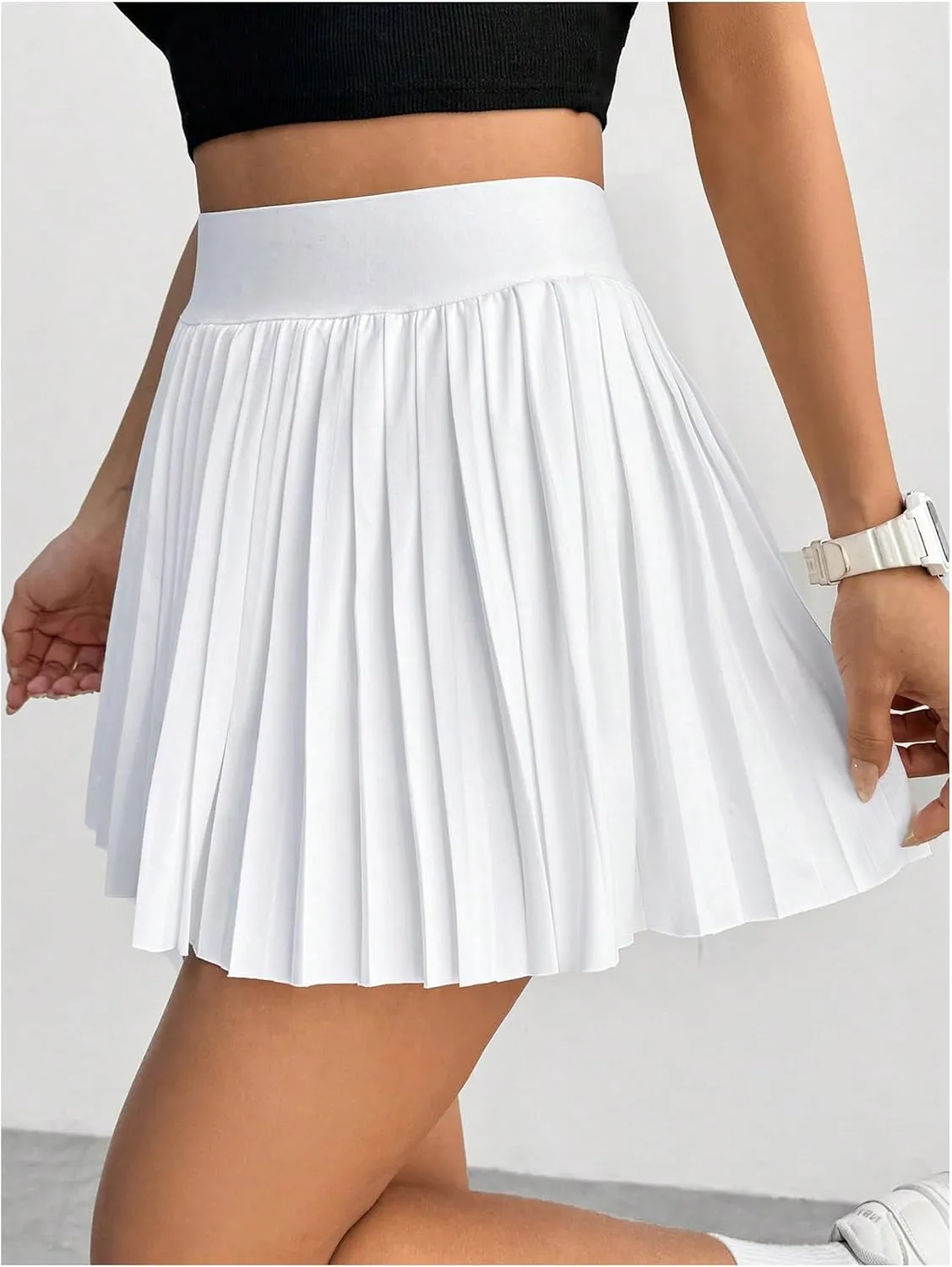 Floerns Women's Solid Elastic Waist Tennis Skirts Pleated Hem Short Skirts