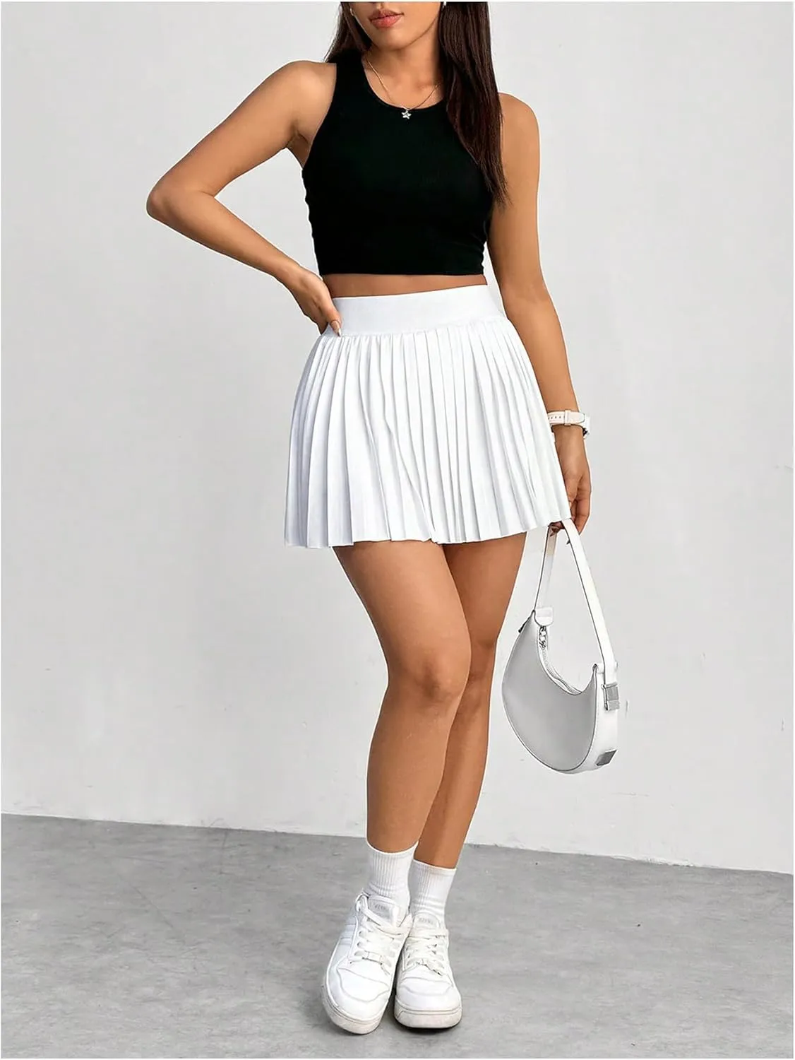 Floerns Women's Solid Elastic Waist Tennis Skirts Pleated Hem Short Skirts