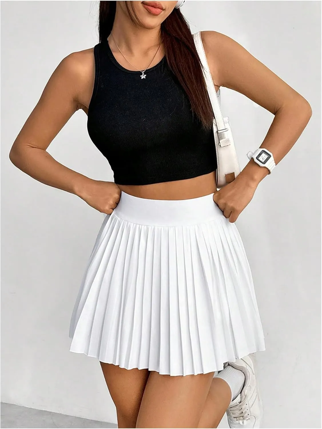 Floerns Women's Solid Elastic Waist Tennis Skirts Pleated Hem Short Skirts