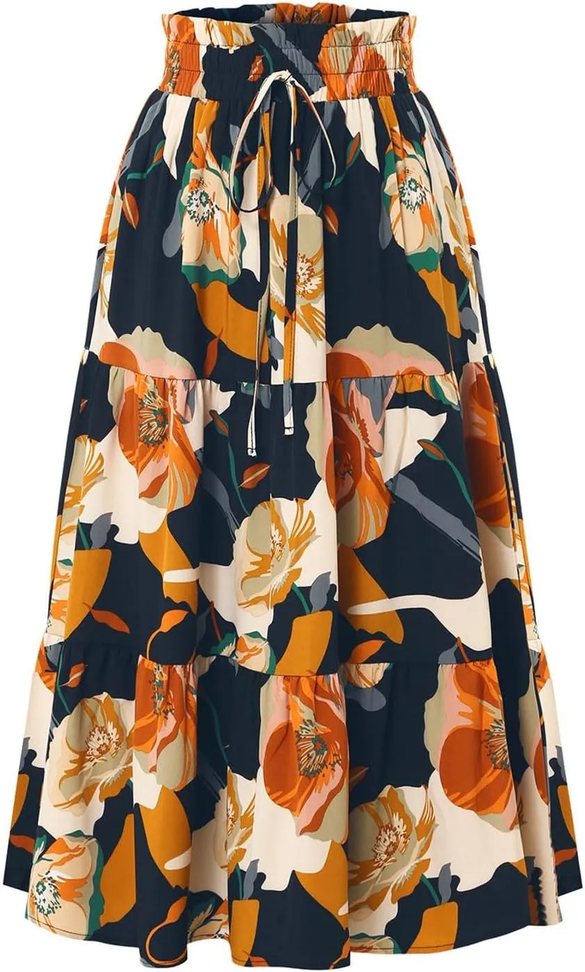 Floral Boho Skirts for Women Summer Comfy Tiered Elastic High Waisted Skirts Vacation A-Line Flowy Swing Long Skirts