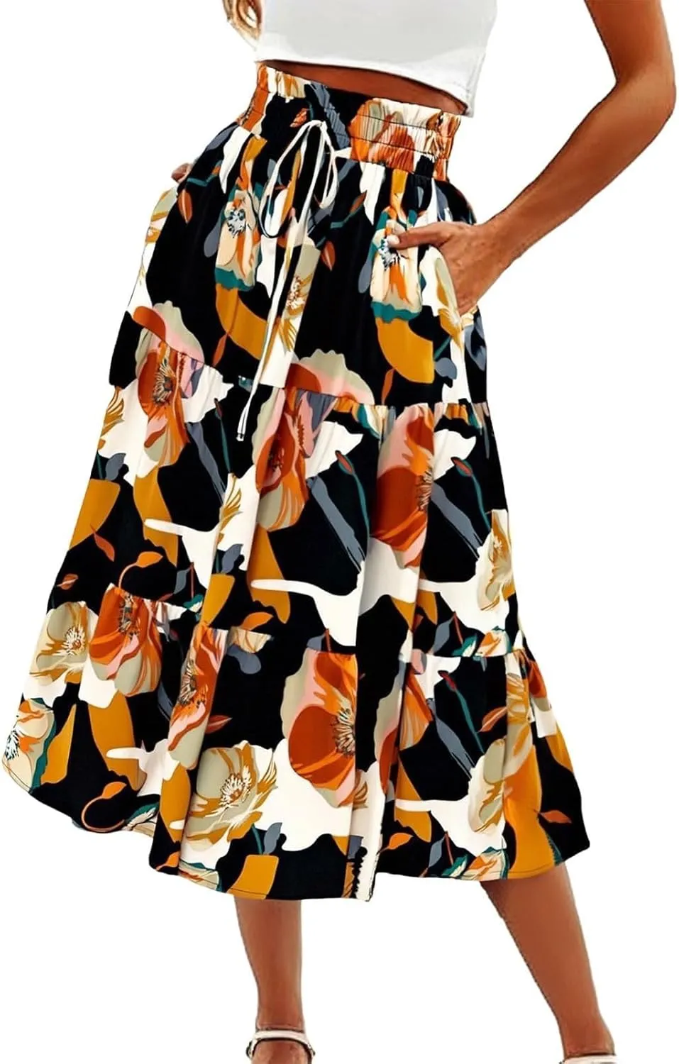 Floral Boho Skirts for Women Summer Comfy Tiered Elastic High Waisted Skirts Vacation A-Line Flowy Swing Long Skirts