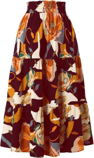 Floral Boho Skirts for Women Summer Comfy Tiered Elastic High Waisted Skirts Vacation A-Line Flowy Swing Long Skirts