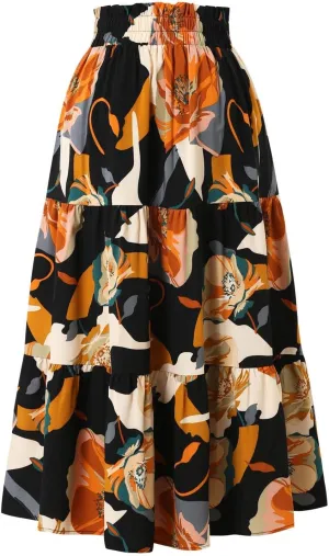 Floral Boho Skirts for Women Summer Comfy Tiered Elastic High Waisted Skirts Vacation A-Line Flowy Swing Long Skirts