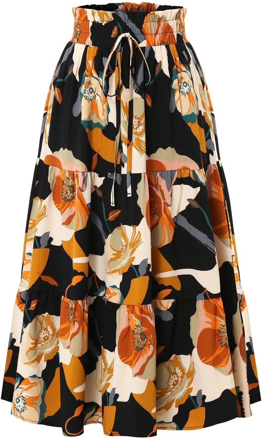 Floral Boho Skirts for Women Summer Comfy Tiered Elastic High Waisted Skirts Vacation A-Line Flowy Swing Long Skirts