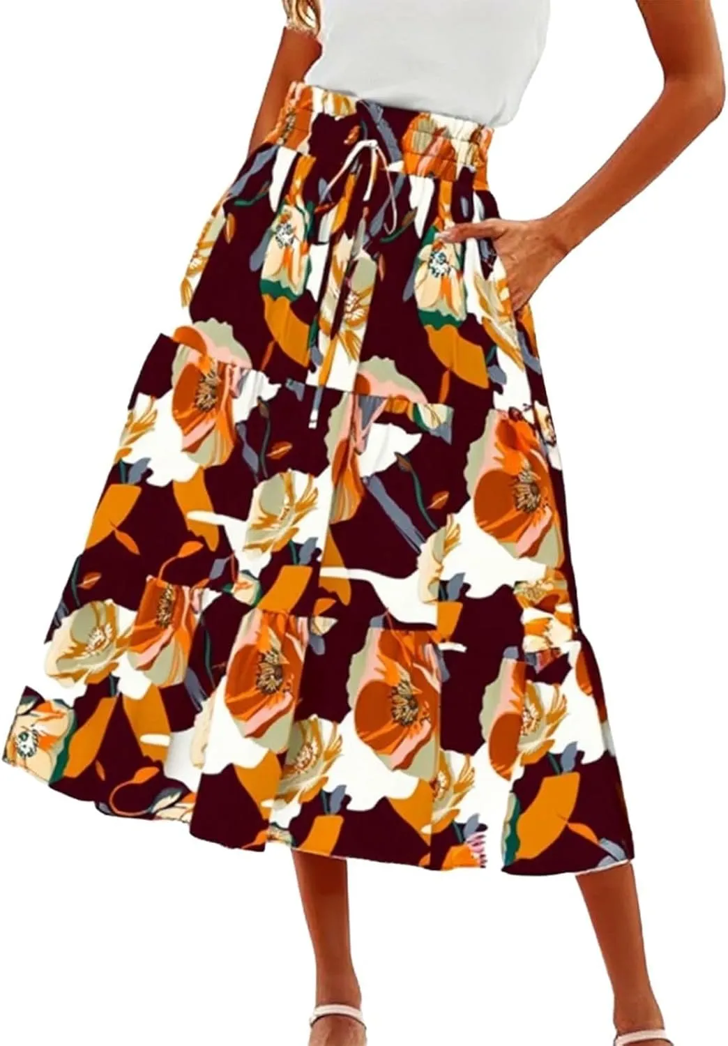 Floral Boho Skirts for Women Summer Comfy Tiered Elastic High Waisted Skirts Vacation A-Line Flowy Swing Long Skirts