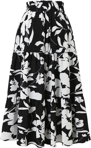 Floral Boho Skirts for Women Summer Comfy Tiered Elastic High Waisted Skirts Vacation A-Line Flowy Swing Long Skirts