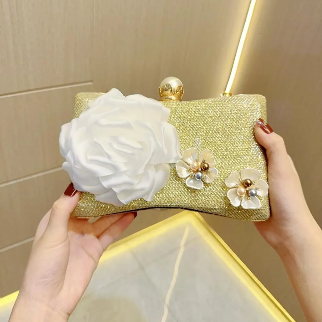 Floral Glitter Evening Bag for Women Beaded Clutch Purses Elegant Pearl Crossbody Shoulder Bag for Wedding, Prom, Party