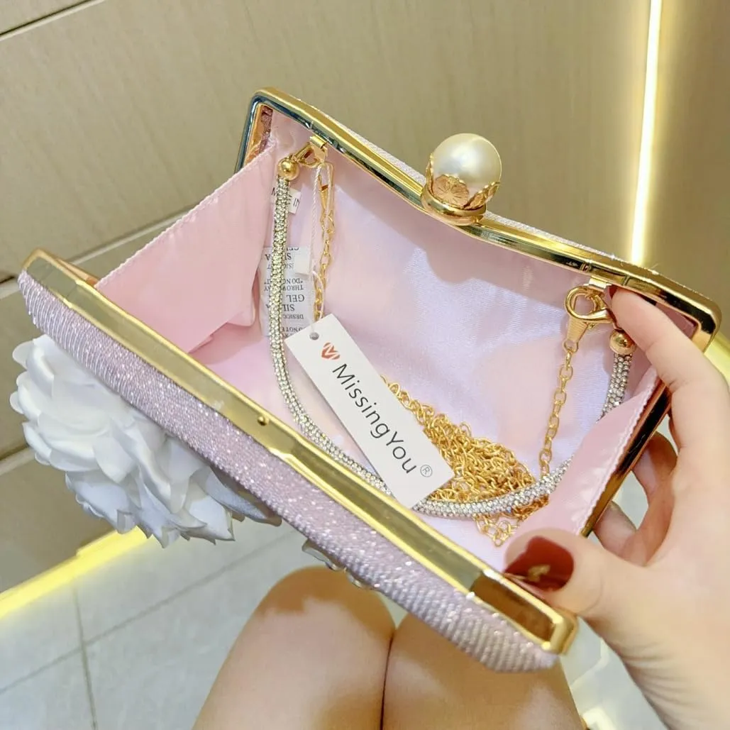 Floral Glitter Evening Bag for Women Beaded Clutch Purses Elegant Pearl Crossbody Shoulder Bag for Wedding, Prom, Party