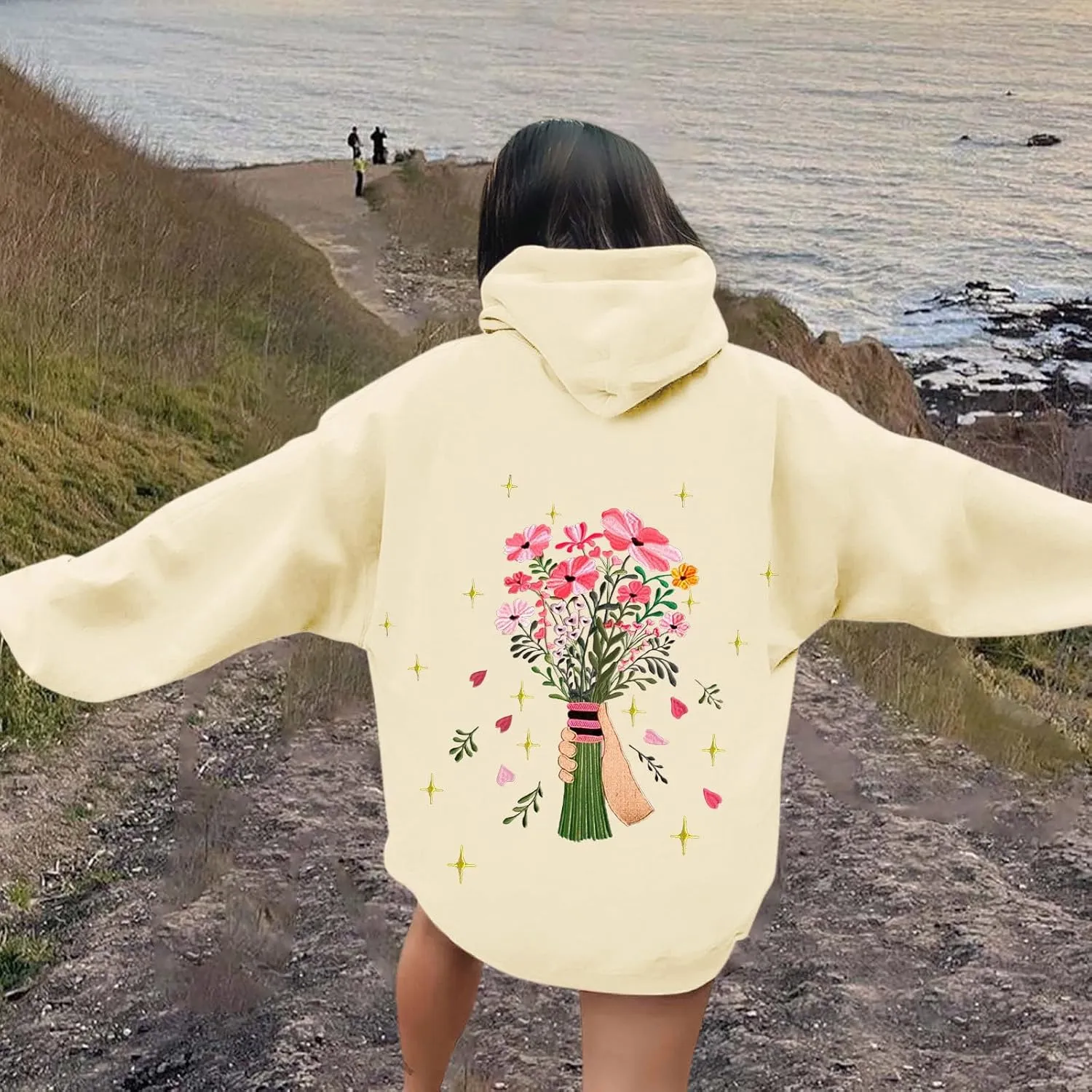 Floral Graphic Hoodies Womens Coquette Oversized Sweatshirts for Teen Girls Y2k Hoodies Cute Fleece Pullover Sweater