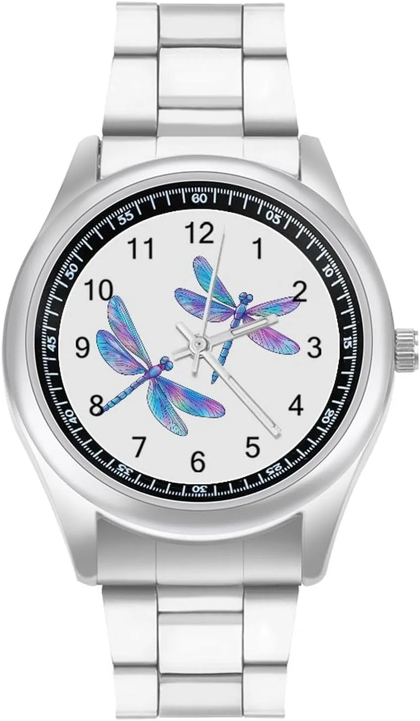Flying Dragonflies Laser Color Stainless Steel Strap Simple Business Watches for Men Easy Reader Work Casual Watch
